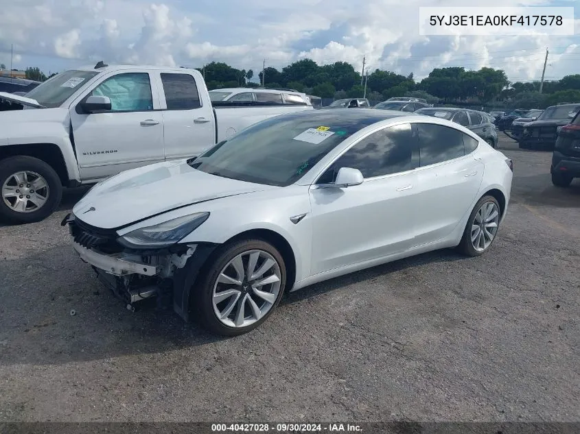 2019 Tesla Model 3 VIN: 5YJ3E1EA0KF417578 Lot: 40427028