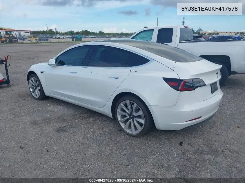 2019 Tesla Model 3 VIN: 5YJ3E1EA0KF417578 Lot: 40427028