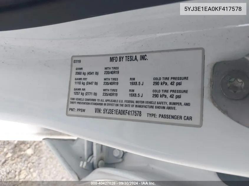 5YJ3E1EA0KF417578 2019 Tesla Model 3