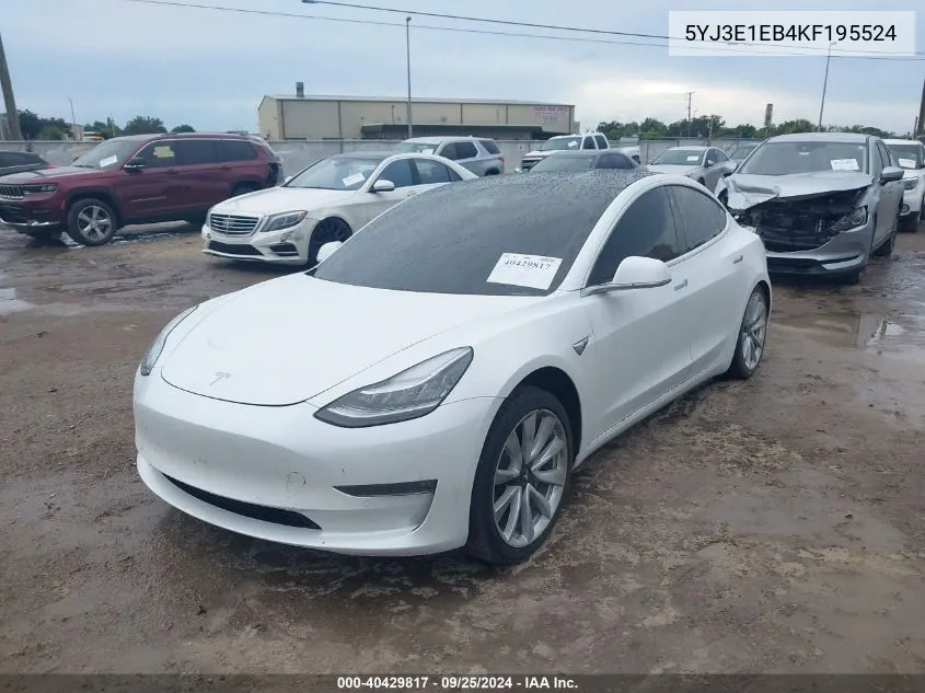 2019 Tesla Model 3 Long Range/Performance VIN: 5YJ3E1EB4KF195524 Lot: 40429817