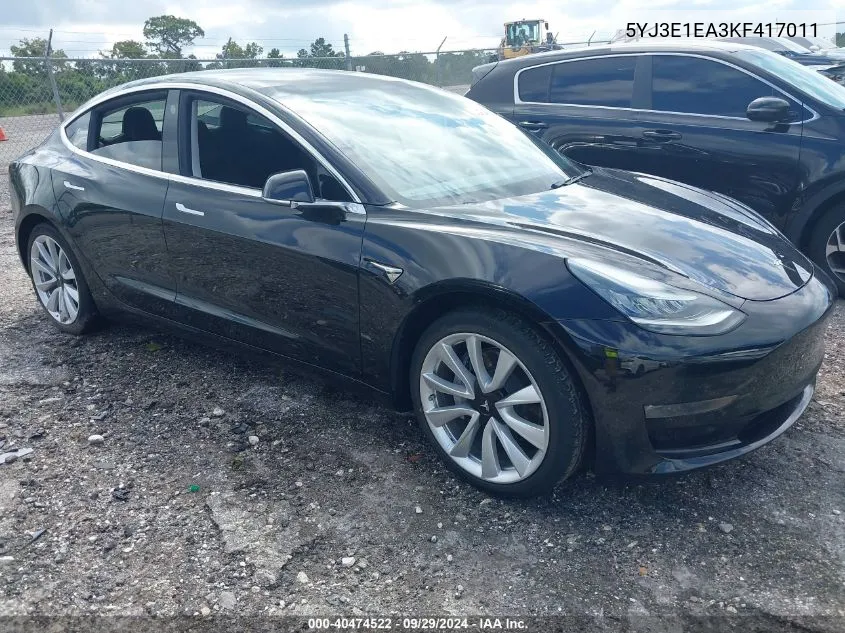 2019 Tesla Model 3 Long Range/Mid Range/Standard Range/Standard Range Plus VIN: 5YJ3E1EA3KF417011 Lot: 40474522