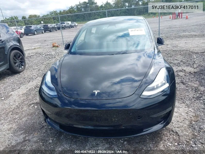 2019 Tesla Model 3 Long Range/Mid Range/Standard Range/Standard Range Plus VIN: 5YJ3E1EA3KF417011 Lot: 40474522