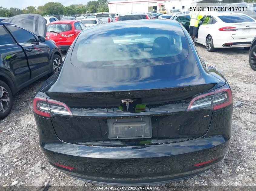 2019 Tesla Model 3 Long Range/Mid Range/Standard Range/Standard Range Plus VIN: 5YJ3E1EA3KF417011 Lot: 40474522