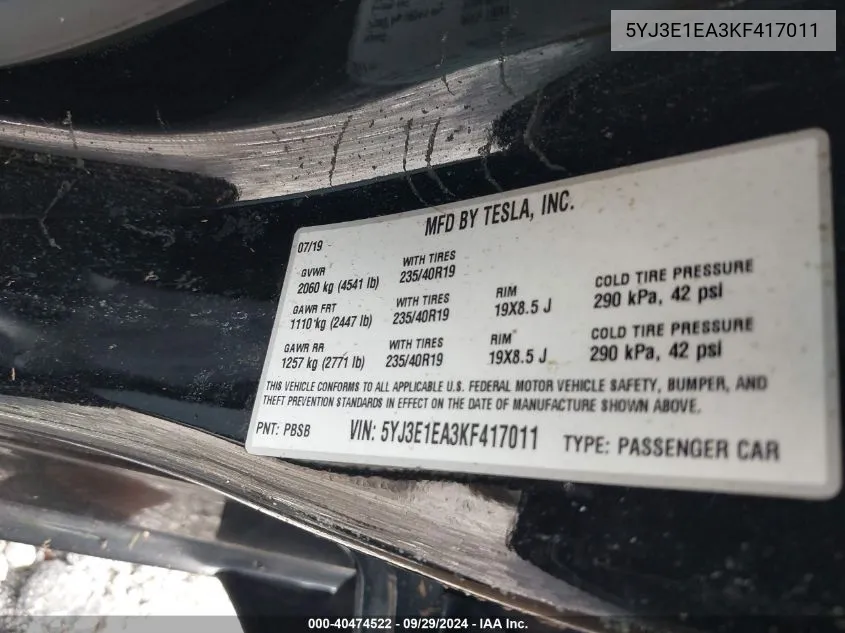 5YJ3E1EA3KF417011 2019 Tesla Model 3 Long Range/Mid Range/Standard Range/Standard Range Plus