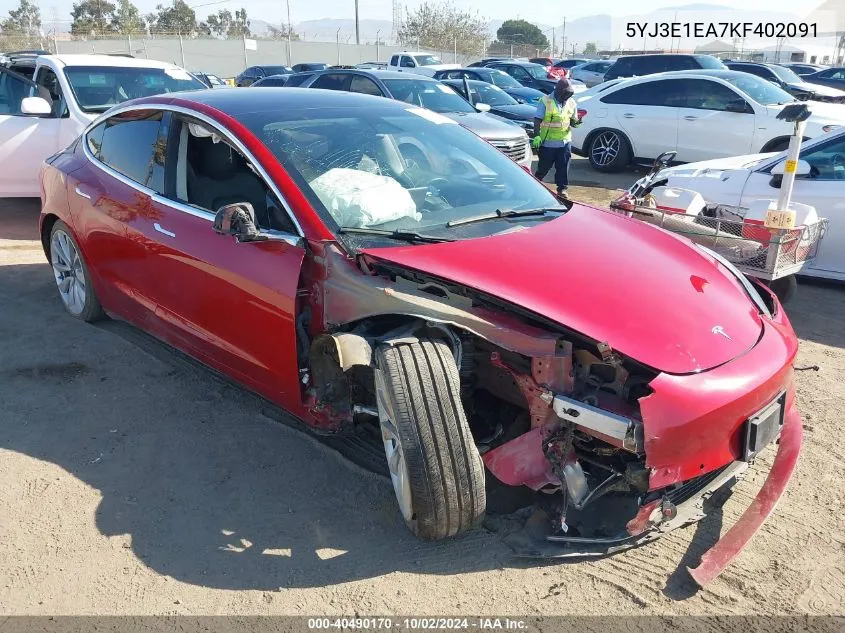 2019 Tesla Model 3 Long Range/Mid Range/Standard Range/Standard Range Plus VIN: 5YJ3E1EA7KF402091 Lot: 40490170