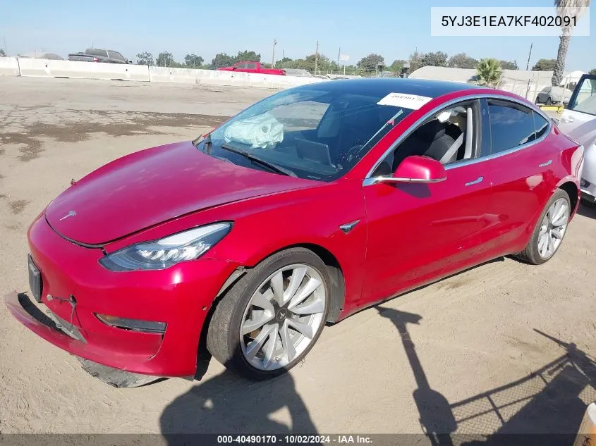 2019 Tesla Model 3 Long Range/Mid Range/Standard Range/Standard Range Plus VIN: 5YJ3E1EA7KF402091 Lot: 40490170