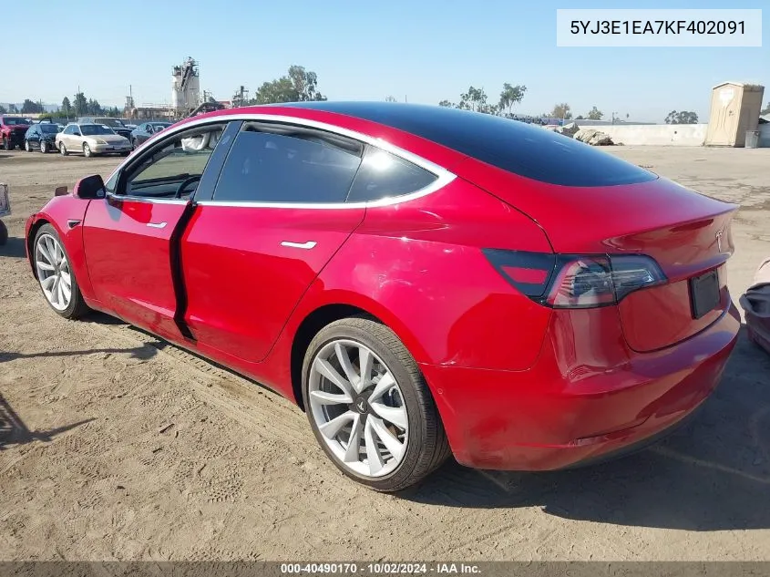 2019 Tesla Model 3 Long Range/Mid Range/Standard Range/Standard Range Plus VIN: 5YJ3E1EA7KF402091 Lot: 40490170