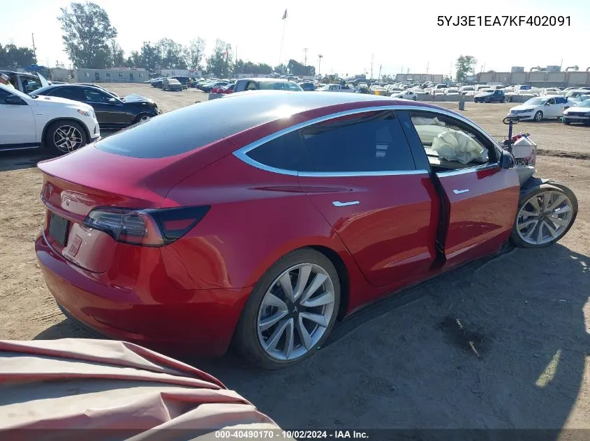 2019 Tesla Model 3 Long Range/Mid Range/Standard Range/Standard Range Plus VIN: 5YJ3E1EA7KF402091 Lot: 40490170