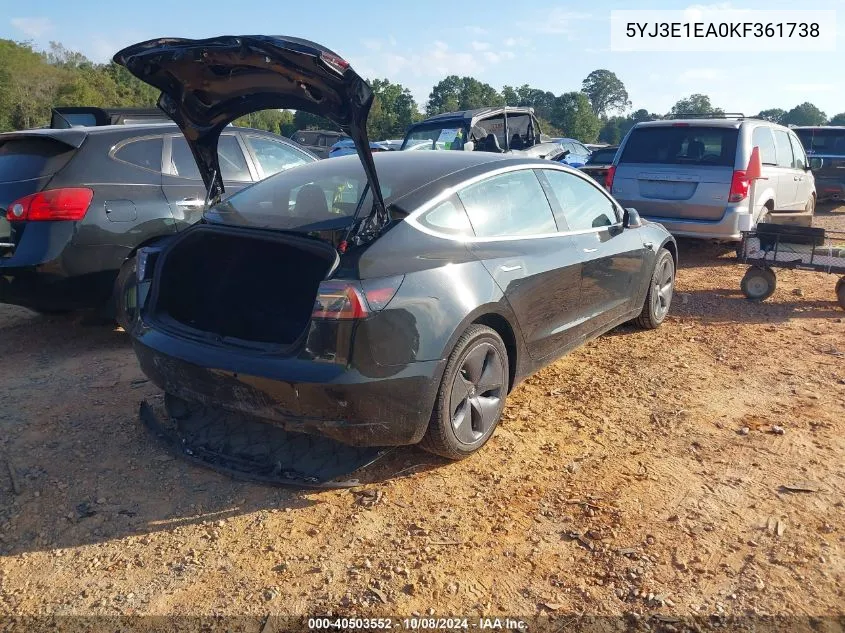 2019 Tesla Model 3 VIN: 5YJ3E1EA0KF361738 Lot: 40503552