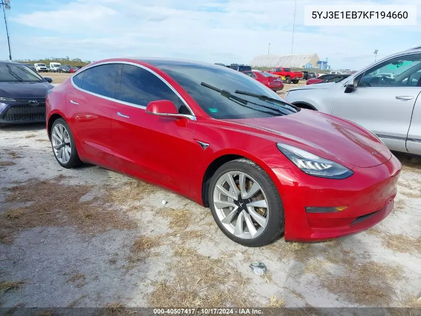 2019 Tesla Model 3 Long Range/Performance VIN: 5YJ3E1EB7KF194660 Lot: 40507417