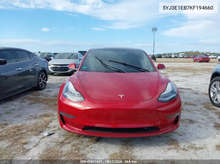 2019 Tesla Model 3 Long Range/Performance VIN: 5YJ3E1EB7KF194660 Lot: 40507417