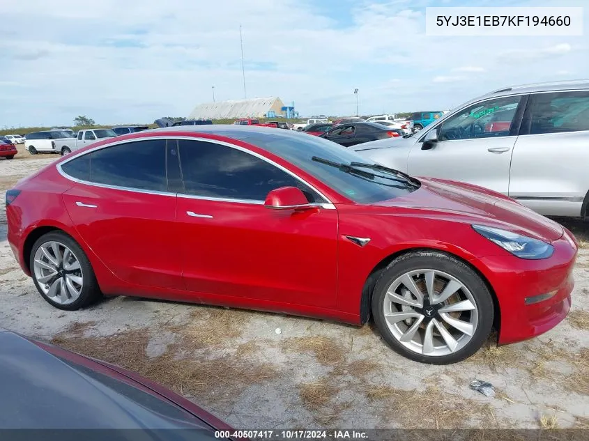 2019 Tesla Model 3 Long Range/Performance VIN: 5YJ3E1EB7KF194660 Lot: 40507417