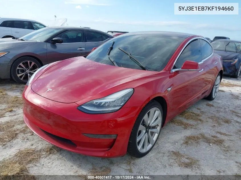 2019 Tesla Model 3 Long Range/Performance VIN: 5YJ3E1EB7KF194660 Lot: 40507417