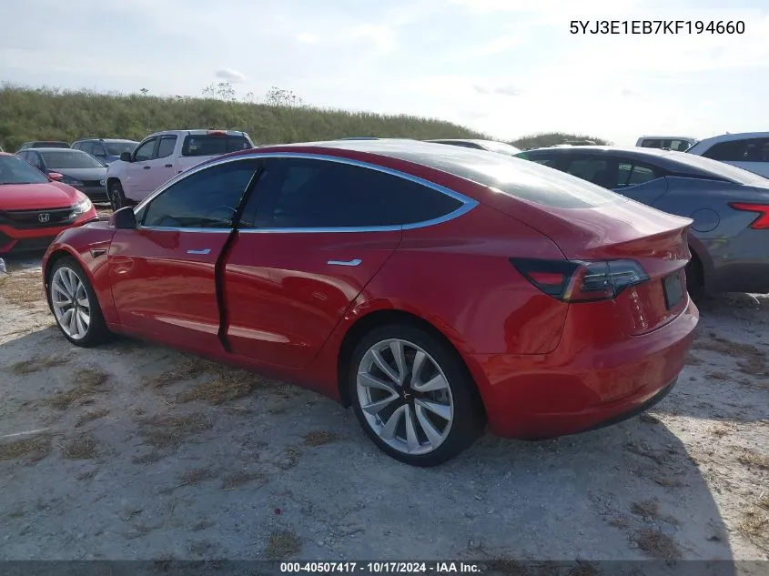 2019 Tesla Model 3 Long Range/Performance VIN: 5YJ3E1EB7KF194660 Lot: 40507417