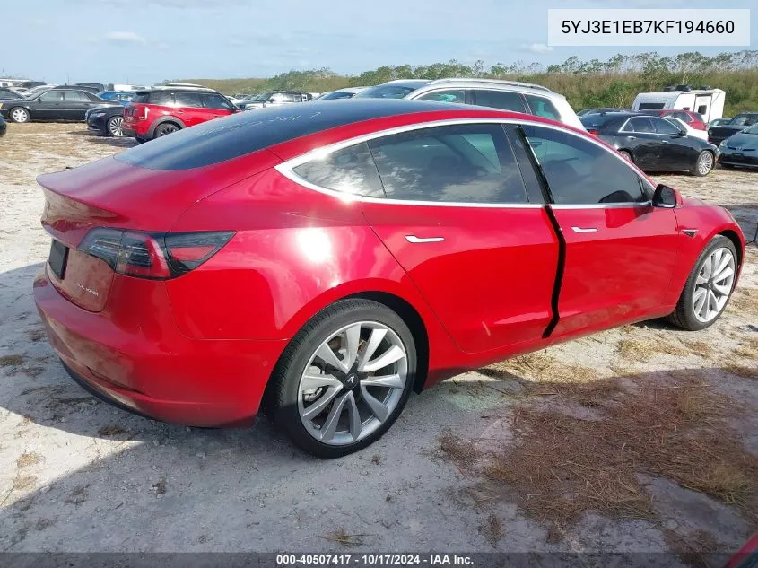 2019 Tesla Model 3 Long Range/Performance VIN: 5YJ3E1EB7KF194660 Lot: 40507417