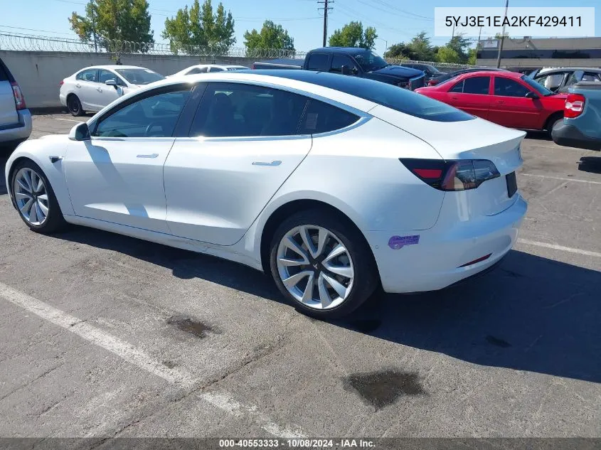 2019 Tesla Model 3 Long Range/Mid Range/Standard Range/Standard Range Plus VIN: 5YJ3E1EA2KF429411 Lot: 40553333