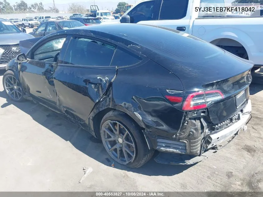 2019 Tesla Model 3 Long Range/Performance VIN: 5YJ3E1EB7KF418042 Lot: 40553827