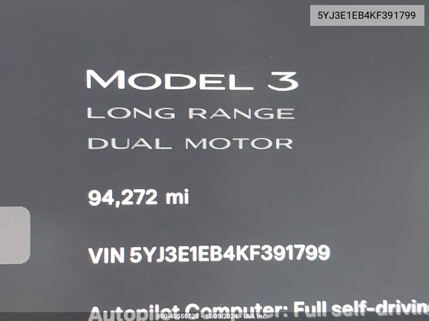 2019 Tesla Model 3 Long Range/Performance VIN: 5YJ3E1EB4KF391799 Lot: 40556726