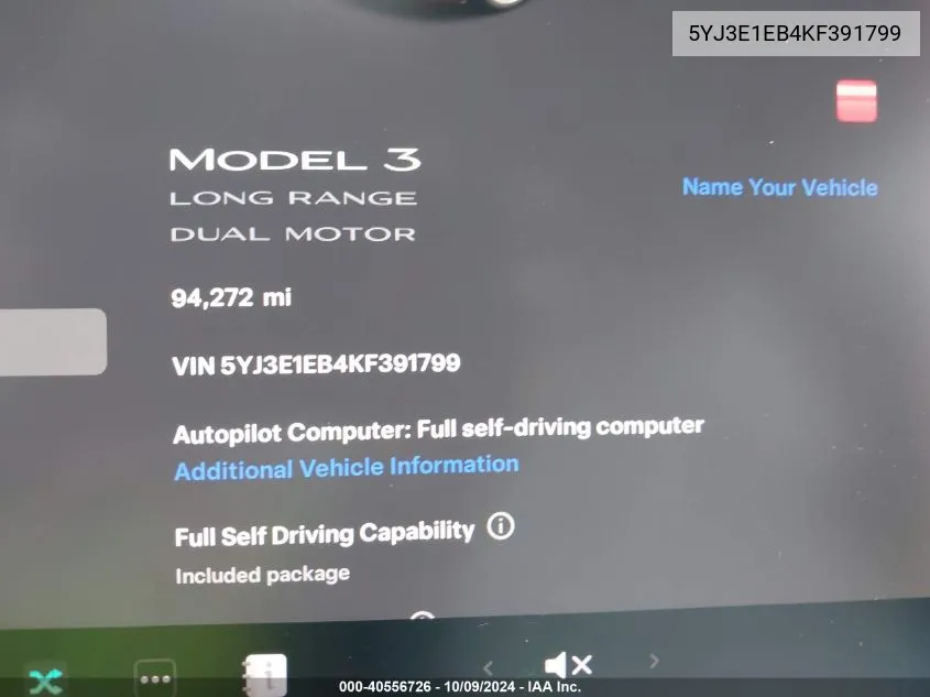 2019 Tesla Model 3 Long Range/Performance VIN: 5YJ3E1EB4KF391799 Lot: 40556726