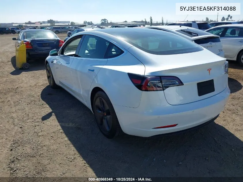 2019 Tesla Model 3 Long Range/Mid Range/Standard Range/Standard Range Plus VIN: 5YJ3E1EA5KF314088 Lot: 40568349