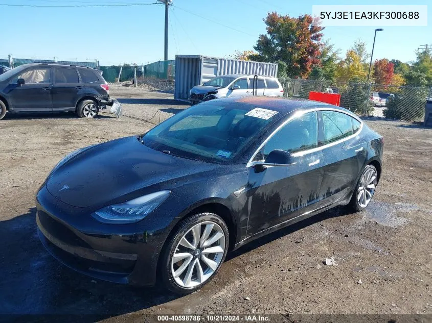 2019 Tesla Model 3 VIN: 5YJ3E1EA3KF300688 Lot: 40598786