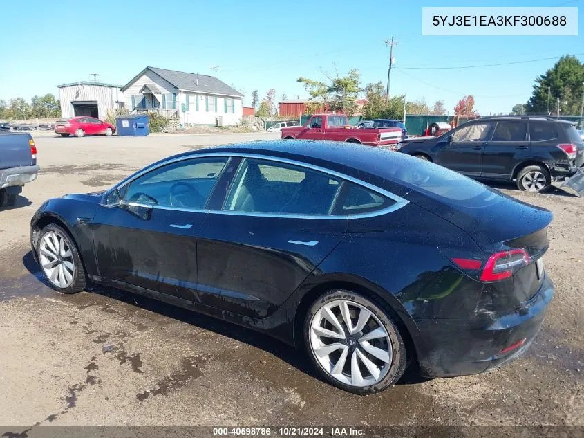 2019 Tesla Model 3 VIN: 5YJ3E1EA3KF300688 Lot: 40598786