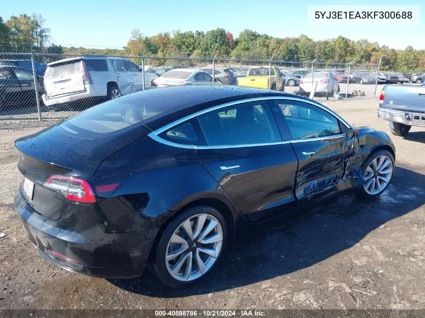 2019 Tesla Model 3 VIN: 5YJ3E1EA3KF300688 Lot: 40598786