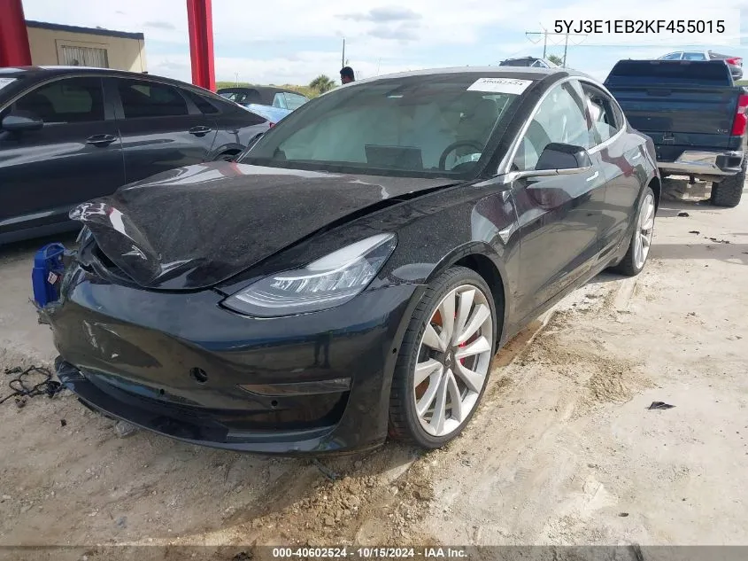 2019 Tesla Model 3 Long Range/Performance VIN: 5YJ3E1EB2KF455015 Lot: 40602524