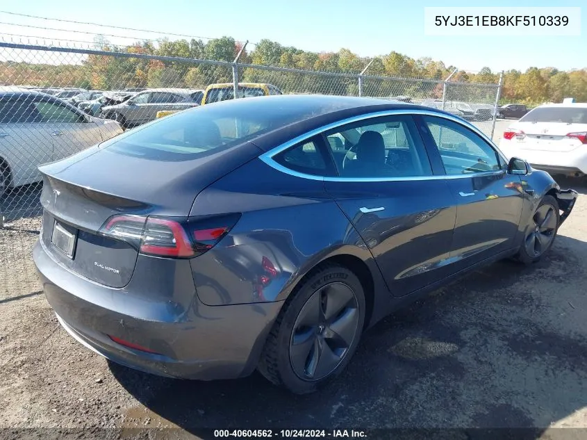 2019 Tesla Model 3 Long Range/Performance VIN: 5YJ3E1EB8KF510339 Lot: 40604562