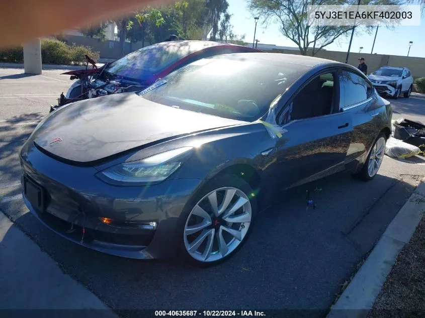 2019 Tesla Model 3 Long Range/Mid Range/Standard Range/Standard Range Plus VIN: 5YJ3E1EA6KF402003 Lot: 40635687