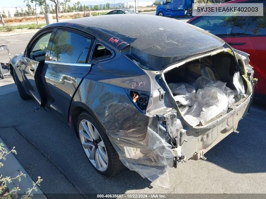 2019 Tesla Model 3 Long Range/Mid Range/Standard Range/Standard Range Plus VIN: 5YJ3E1EA6KF402003 Lot: 40635687