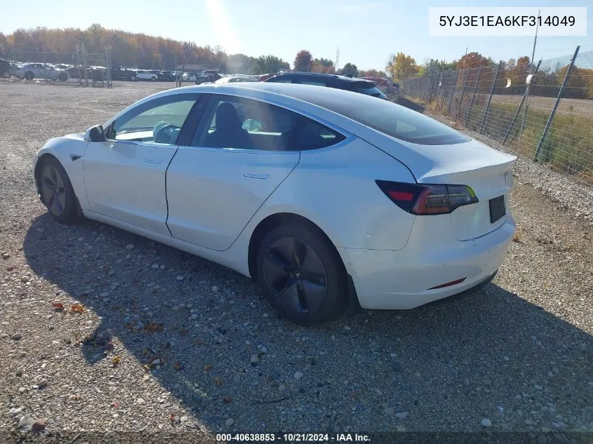 2019 Tesla Model 3 VIN: 5YJ3E1EA6KF314049 Lot: 40638853