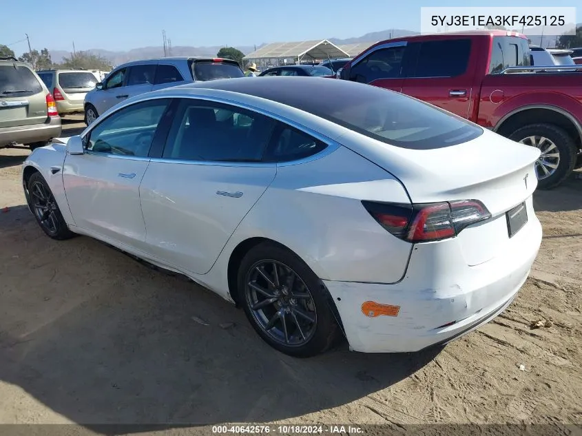 2019 Tesla Model 3 Long Range/Mid Range/Standard Range/Standard Range Plus VIN: 5YJ3E1EA3KF425125 Lot: 40642576