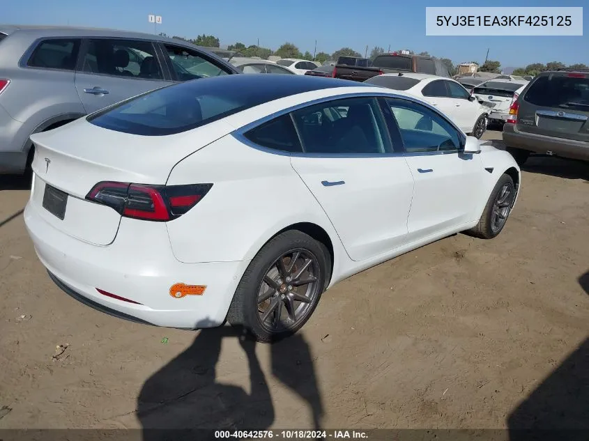 2019 Tesla Model 3 Long Range/Mid Range/Standard Range/Standard Range Plus VIN: 5YJ3E1EA3KF425125 Lot: 40642576