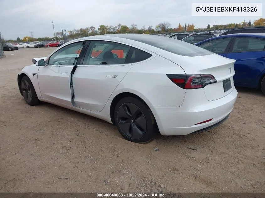 2019 Tesla Model 3 Long Range/Performance VIN: 5YJ3E1EBXKF418326 Lot: 40648068