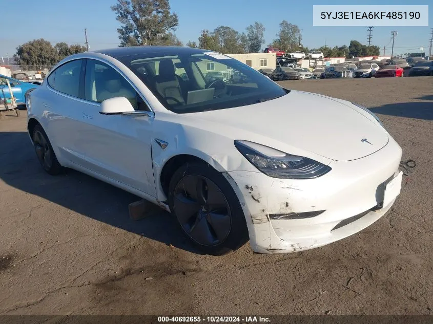 2019 Tesla Model 3 VIN: 5YJ3E1EA6KF485190 Lot: 40692655