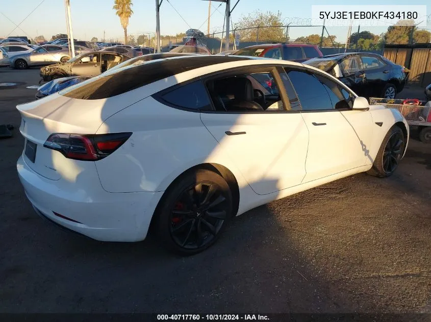 2019 Tesla Model 3 Long Range/Performance VIN: 5YJ3E1EB0KF434180 Lot: 40717760