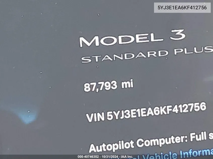 2019 Tesla Model 3 Long Range/Mid Range/Standard Range/Standard Range Plus VIN: 5YJ3E1EA6KF412756 Lot: 40746352