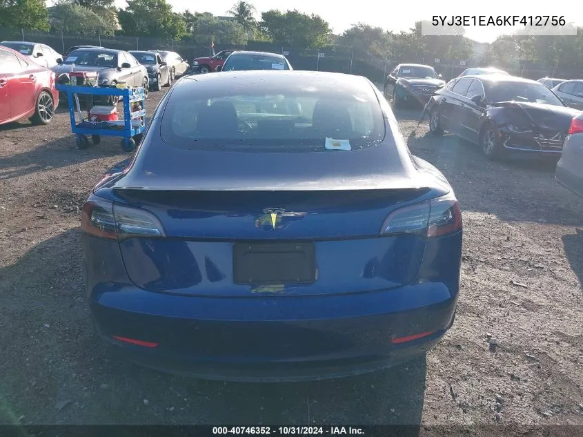 2019 Tesla Model 3 Long Range/Mid Range/Standard Range/Standard Range Plus VIN: 5YJ3E1EA6KF412756 Lot: 40746352