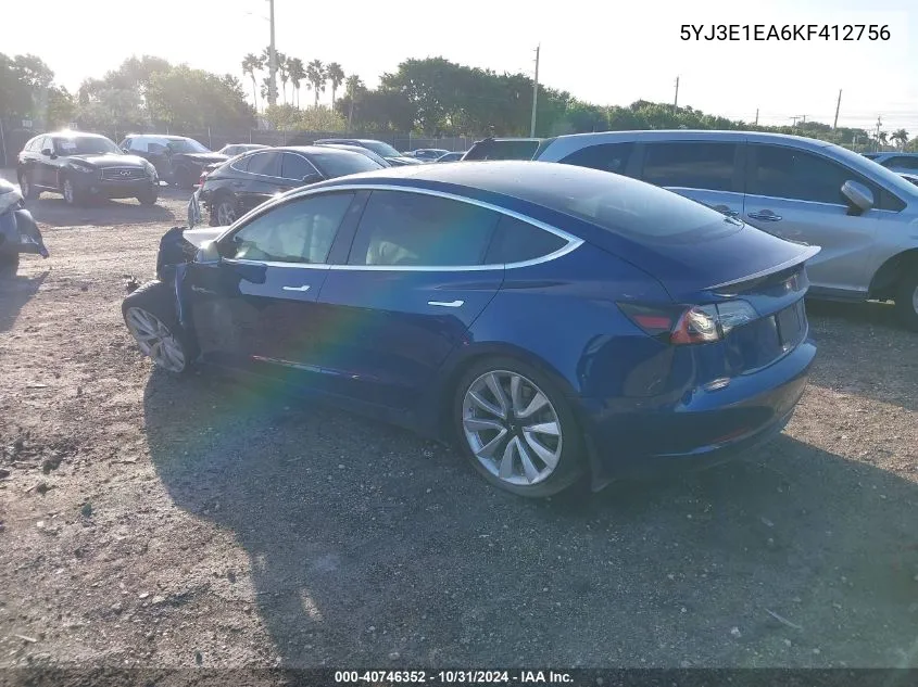 2019 Tesla Model 3 Long Range/Mid Range/Standard Range/Standard Range Plus VIN: 5YJ3E1EA6KF412756 Lot: 40746352