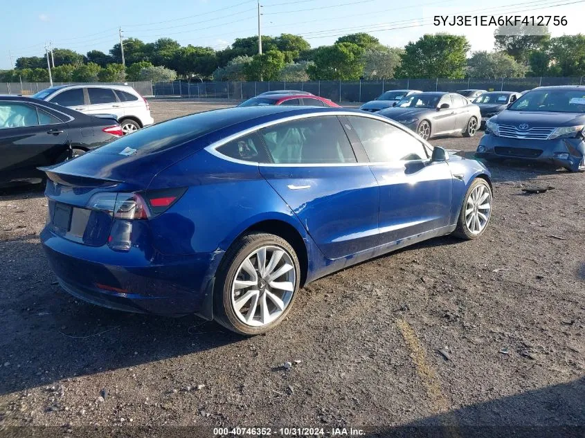 2019 Tesla Model 3 Long Range/Mid Range/Standard Range/Standard Range Plus VIN: 5YJ3E1EA6KF412756 Lot: 40746352