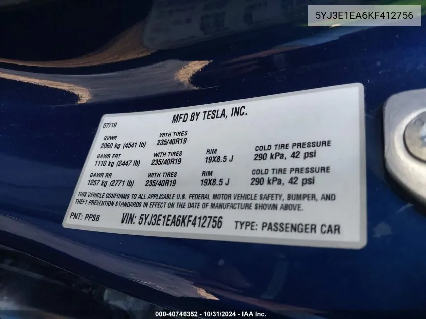 2019 Tesla Model 3 Long Range/Mid Range/Standard Range/Standard Range Plus VIN: 5YJ3E1EA6KF412756 Lot: 40746352