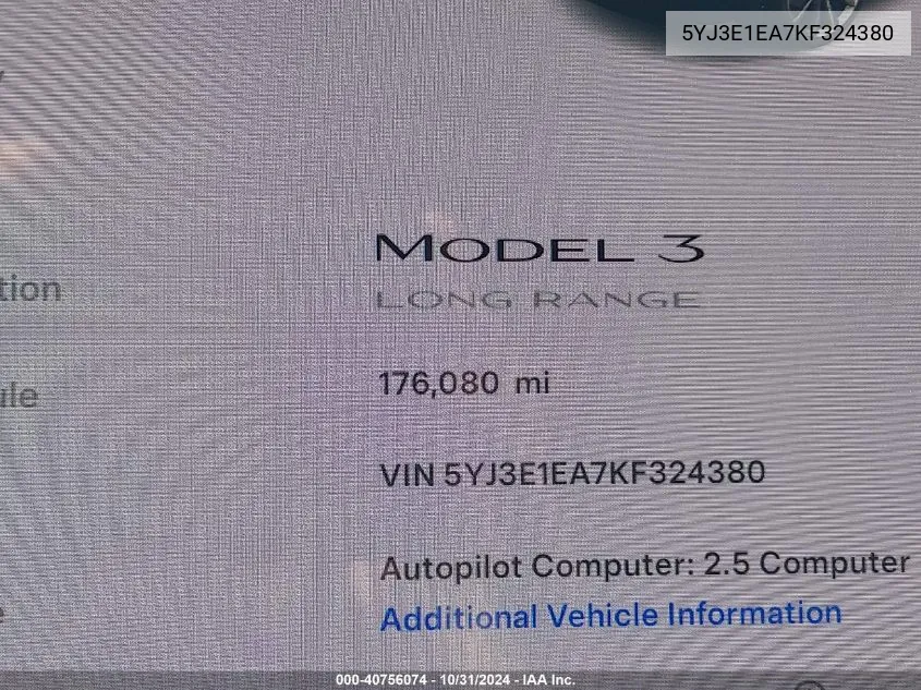 2019 Tesla Model 3 Long Range/Mid Range/Standard Range/Standard Range Plus VIN: 5YJ3E1EA7KF324380 Lot: 40756074