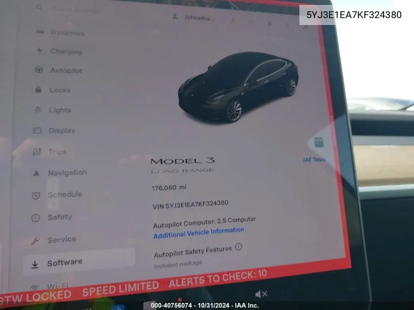 2019 Tesla Model 3 Long Range/Mid Range/Standard Range/Standard Range Plus VIN: 5YJ3E1EA7KF324380 Lot: 40756074