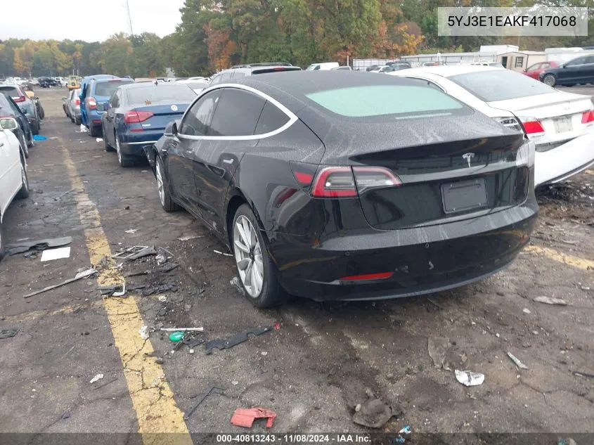 2019 Tesla Model 3 Long Range/Mid Range/Standard Range/Standard Range Plus VIN: 5YJ3E1EAKF417068 Lot: 40813243