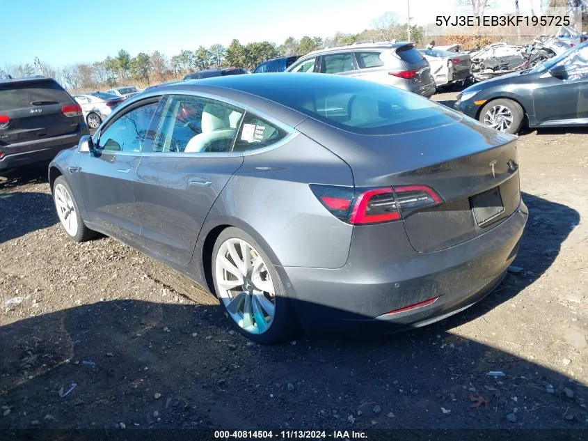 2019 Tesla Model 3 Long Range/Performance VIN: 5YJ3E1EB3KF195725 Lot: 40814504