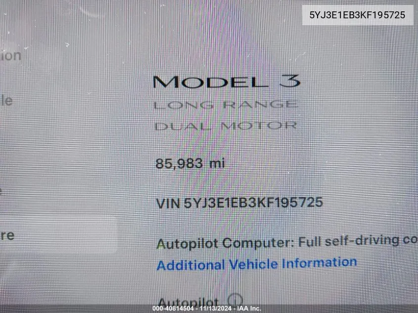 2019 Tesla Model 3 Long Range/Performance VIN: 5YJ3E1EB3KF195725 Lot: 40814504