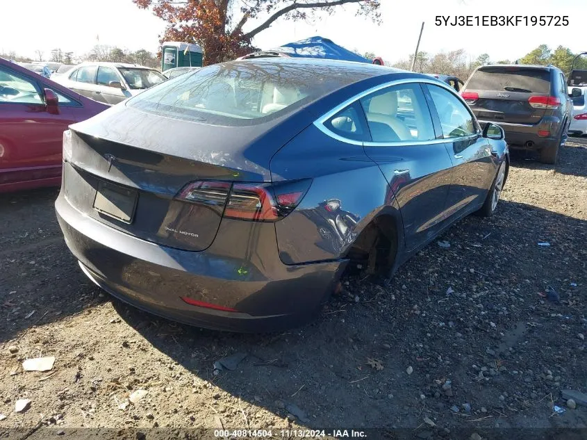 2019 Tesla Model 3 Long Range/Performance VIN: 5YJ3E1EB3KF195725 Lot: 40814504