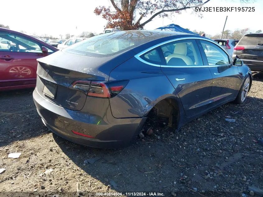 2019 Tesla Model 3 Long Range/Performance VIN: 5YJ3E1EB3KF195725 Lot: 40814504