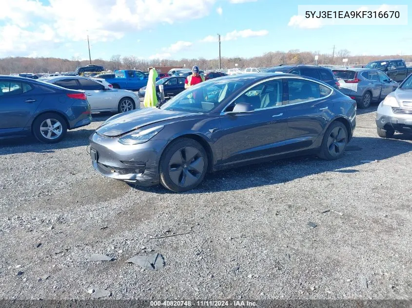 2019 Tesla Model 3 Long Range/Mid Range/Standard Range/Standard Range Plus VIN: 5YJ3E1EA9KF316670 Lot: 40820748